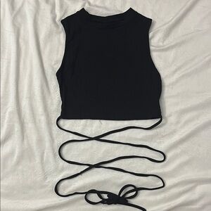 SHEIN Black Ribbed Wrap Crop Top with Long Ties